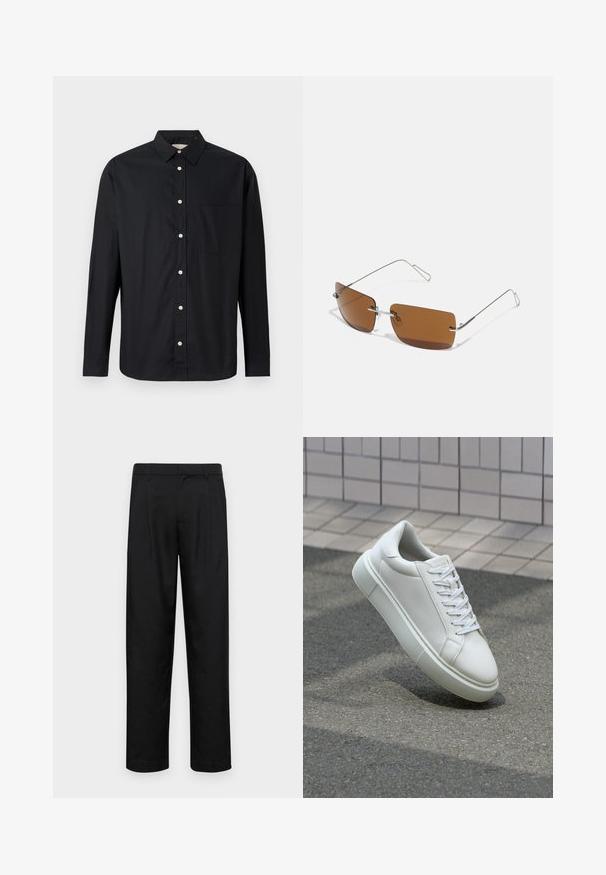 Melna garenogunā krekliņa ar pogām un apkakli, kā arī krūšu kabatu, attēlots uz gaiša fona.; Melnas bikses, izgatavotas no gludas auduma, ar taisnu kāju dizainu, divām priekšējām krokām un standarta jostu, kurai ir āķi.; Baltas ādas sporta apavi ar gludu virsmu, apaļu pirkstu un plakanām baltām šņorēm. Iezīmējas ar strukturētu gumijas zoli un minimālisma dizaina elementiem.; Brūni taisnstūrveida saulesbrilles ar plāniem sudraba stiepļu rāmjiem un deguna tiltiem. Lēcas ir plakanas un nedaudz tonētas.; Baltas pērļu kaklarota ar vienmērīgu apaļu formu, gludu virsmu un metāla aizdari ar pagarinājuma ķēdi regulējamai garumam.