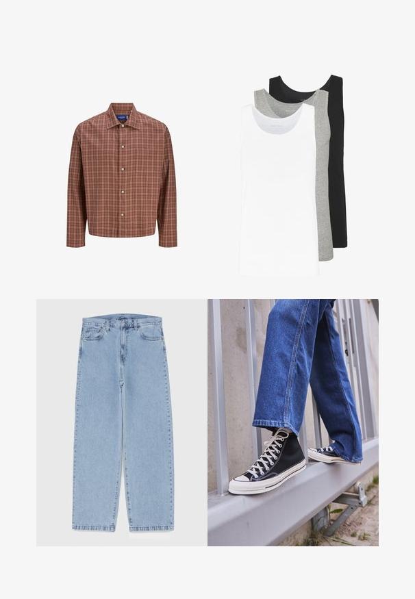 Red and brown checkered button-up shirt with a pointed collar, long sleeves, and white buttons, made from lightweight, textured fabric.; Three tank tops in white, gray, and black. Each features a classic sleeveless design, made from lightweight cotton fabric with a ribbed texture.; Light blue denim jeans with straight leg design, featuring a mid-rise waist, five pockets, and a button and zipper closure.; Black high-top sneakers with white sole and laces, paired with loose blue denim jeans, resting on a gray railing.