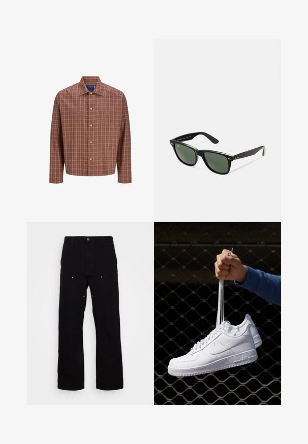Rot-braun kariertes Kurzarmhemd mit spitzem Kragen, langen Ärmeln und weißen Knöpfen, aus leichtem, strukturiertem Stoff.; Schwarze Denim-Hosen mit geradem Bein, ausgestattet mit goldenen Hardware-Akzenten und sichtbaren Nähten an den Vorder- und Gesäßtaschen.; Weiße Leder-Sneaker mit Perforationen, runder Zehenpartie, flacher Sohle und dicken Schnürsenkeln, mit sichtbar eingesticktem Swoosh-Logo und "AIR" an der Ferse.; Schwarze Plastiksonnenbrille mit grünen Gläsern, quadratischen Rahmen, silbernem Akzent auf der Augenbraue und strukturierten Bügeln. Angegebene Marke auf dem inneren Bügel.
