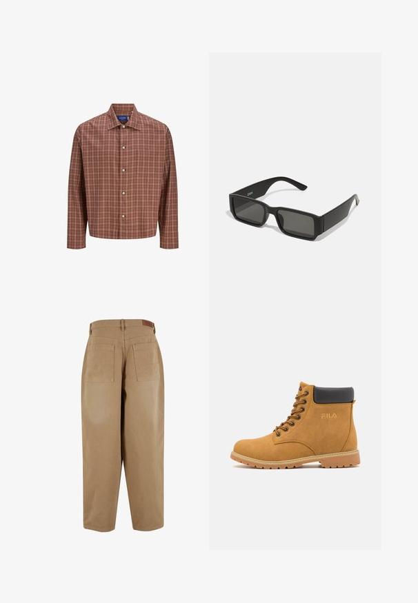 Sarkans un brūns šūnu raksta krekls ar norādītu apkakli, garām piedurknēm un baltām pogām, izgatavots no vieglas, teksturētas auduma.; Bežīgas kokvilnas bikses ar brīvu piegriezumu, ar diviem aizmugurējiem kabatām un jostas etiķeti. Audumam ir gluda tekstūra un minimāla apdare.; Smilgstējas zamšādas potītes zābaki ar melnu mīkstinošu apkakli, metāla acīm un teksturētu gumijas zoli. Sānos ir iepresēts logo.; Melnas saulesbrilles ar taisnstūra lēcām, matēta plastmasas rāmja un taisnām malām. Uz iekšējās rokas ir zīmola logo.