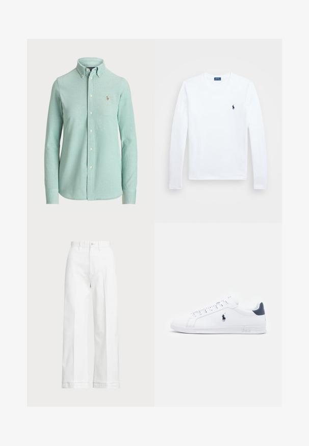 Camisa de manga larga de botón en un verde menta claro, hecha de una mezcla de algodón, con un cuello clásico y un pequeño logo bordado en el pecho.; Camisa blanca de manga larga, material de algodón, con cuello redondo, que presenta un pequeño logo en navy en el lado izquierdo del pecho. Diseño simple, ajuste regular.; Pantalones de pierna ancha blancos con cintura alta, que cuentan con un cierre de botón y detalles de costura sutiles. Elaborados en algodón con una textura suave.; Zapatillas de cuero blanco con un acabado suave, detalles en azul marino y un pequeño logotipo en el costado. Cuentan con cordones planos y una suela de goma texturizada.