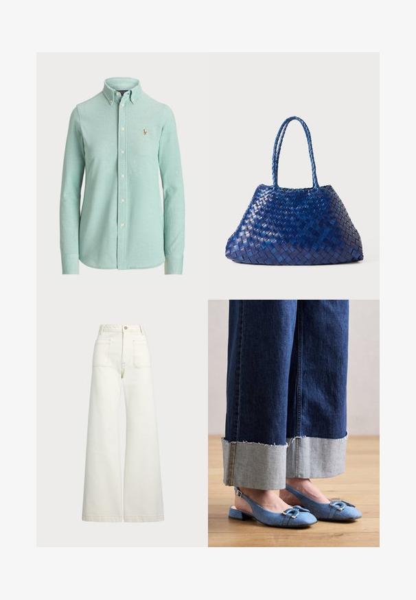 Világos menta zöld, hosszú ujjú ing, pamut keverékből készült, klasszikus gallérral és egy kis hímezett logóval a mellkason.; Széles szárú farmernadrág off-white denim anyagból. Magas derekú dizájn, gombos záródással, két elülső zsebbel és kontrasztos varrási részletekkel.; Denim anyagú, alacsony sarkú, szandálcipők világoskék színben, dekoratív csattal, puha tapintással, sötétkék farmert viselve.; Szőtt kék bőrtáska két fonott fogantyúval, amely laza, szögletes formájú és texturált felületű.