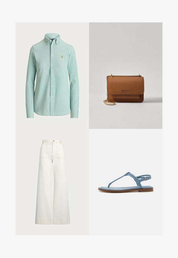 Camisa de botão de mangas longas em verde menta claro, feita de uma mistura de algodão, apresenta um colarinho clássico e um pequeno logótipo bordado no peito.; Jeans de perna larga em denim off-white. Design de cintura alta com fecho de botão, dois bolsos frontais e detalhes de costura em contraste.; Sandália de dedo em couro azul com sola plana, apresentando um design de tiras finas e fecho com fivela no tornozelo para um ajuste seguro.; Bolsa crossbody de couro texturizado castanho com alça de corrente dourada e fecho com aba. A parte da frente apresenta detalhe do logótipo e um bolso sob a aba.