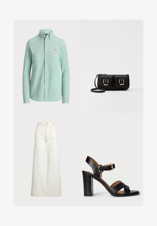 Camicia a maniche lunghe di colore verde menta chiaro, realizzata in misto cotone, presenta un colletto classico e un piccolo logo ricamato sul petto.; Jeans a gamba larga in denim bianco sporco. Design a vita alta con chiusura a bottone, due tasche frontali e dettagli di cucitura a contrasto.; Sandali con tacco in pelle nera con design a strap incrociati e chiusura a fibbia. Presentano un tacco spesso e una superficie liscia.; Borsa a tracolla nera in pelle con due tasche frontali, fibbie dorate, chiusura con zip e una tracolla sottile. Superficie texturizzata e forma rettangolare compatta.