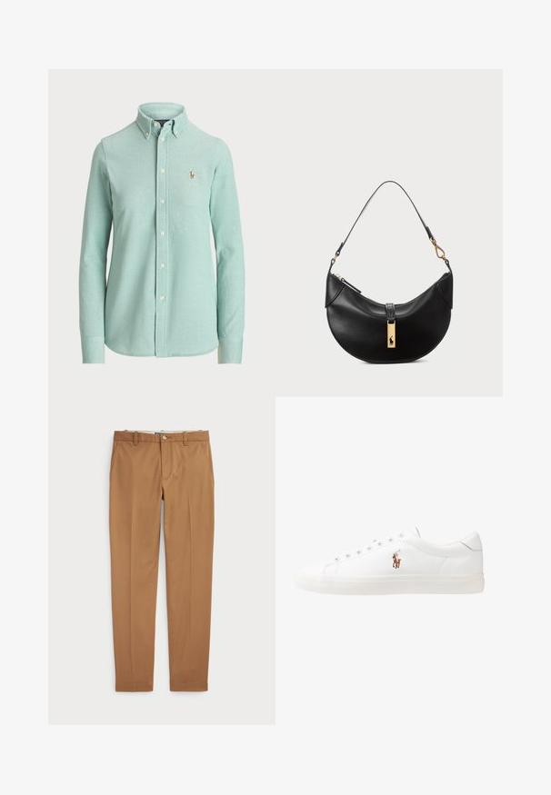 Light mint green long-sleeve button-up shirt, made of cotton blend, features a classic collar and a small embroidered logo on the chest.; Brown cotton trousers with a slim-fit design, flat front, and standard pockets; smooth texture and hemmed cuffs.; White leather sneakers, low-top design, featuring a smooth texture, round toe, laced front, and a small embroidered logo on the side.; Black leather handbag in a half-moon shape. Features a gold hardware accent and a narrow strap. Smooth texture, zipper closure at the top.