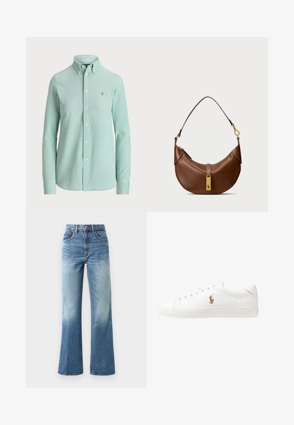 Heled mints roheline pika varrukaga nööbiga särk, mis on valmistatud puuvilla segust, omab klassikalist kraed ja väike broderi logo rinnal.; Heled sinised kõrge vöökohaga teksad, millel on lai jalg, tuhm tekstuur, viis taskut ja metallist nupuga sulgemine.; Valged nahast tossud, madala ülaservaga disain, millel on sile tekstuur, ümar varvas, nööridega esiosa ja väike tikand logoga küljel.; Pruun nahkne õlakott, millel on kumer kuju, kuldne riistvara, ülemise klapi detail ja logo aktsent. Sile tekstuur ja õmmeldud servad.
