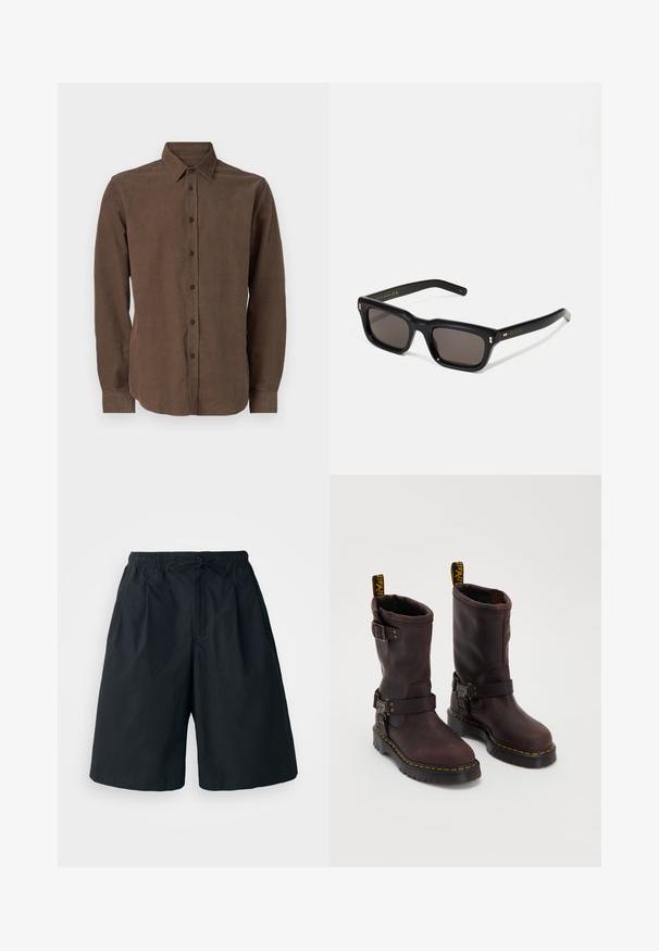 Rudas ilgomis rankovėmis marškiniai, pagaminti iš tekstūruotos medžiagos, su klasikiniais apykakle ir mygtukų užsegimu priekyje.; Juodos šortai su elastinga juosta ir reguliuojama raišteliu. Pagaminti iš lygaus audinio, pasižymi laisvu pritaikymu ir neturi matomų raštų.; Rudos odiniai batai su vidutinio ilgio dizainu, turintys dirželį ir sagtį, storą juodą pado ir geltonos siūlės akcentus.; Juodos stačiakampės akinių nuo saulės su tamsiais objektyvais, storu plastiko rėmu, auksinėmis detalėmis ant šventyklų ir prekės ženklo logotipu išgraviruotu ant šono.