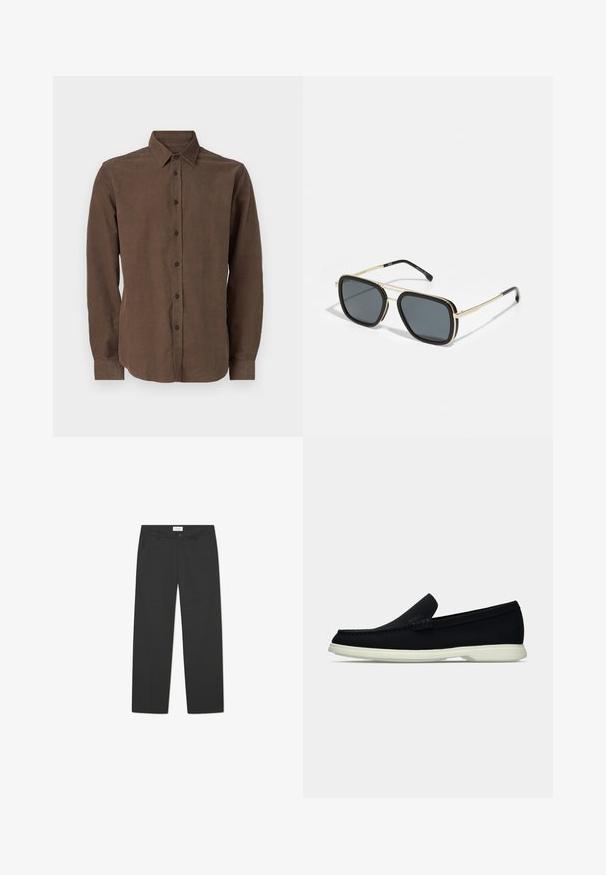 Bruine lange mouwen shirt van een gestructureerde stof, met een klassieke kraag en knoopsluiting aan de voorkant.; Zwarte broek van lichtgewicht stof. Heeft een rechte pijpdesign met een vlakke voorkant, zijzakken en een discreet tailleband.; Zwarte instapper met een ronde neus, voorzien van een textuur bovenwerk, gladde witte zool en subtiele merktekens aan de zijkant.; Zwarte en gouden zonnebril met een vierkante vorm, metalen frame, donkergrijze lenzen en zwarte oorstukjes. Bevat een dubbele brugontwerp.