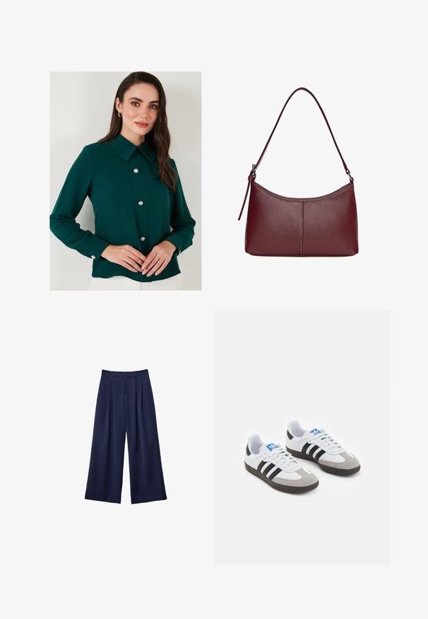 Ciemnozielona bluzka z kołnierzykiem, długimi rękawami i dekoracyjnymi guzikami z kamieni wzdłuż przodu. Gładka tkanina o lekko błyszczącym wykończeniu.; Granatowe spodnie typu wide-leg z plisami, zapinane w pasie na guziki, z szlufkami na pasek, pokazane na płasko na białym tle.; Buty sportowe z białą skórzaną cholewką, szarym zamszowym noskiem i trzema czarnymi paskami. Posiadają niebieskie logo na języku oraz teksturowaną gumową podeszwę.; Bordowa torebka skórzana o zaokrąglonym kształcie, z jednym paskiem na ramię i przeszyciami w centrum. Gładka faktura, minimalna ilość elementów metalowych.
