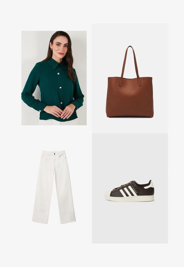 Tamnozelena bluzica s ovratnikom, dugim rukavima i ukrasnim kamenim dugmadi na prednjem dijelu. Glatka tkanina s blago sjajnim završetkom.; Bijele široke traperice od denima, s visokim strukom, dizajnom od pet džepova i metalnim zatvaračem. Glatka tekstura, bez uzoraka.; Niska Adidas Superstar tenisica od tamnobraon kože s krem školjkastim vrhom, bijelim prugama i natpisom "Superstar" sa strane.; Smeđa kožna torba preko ramena s glatkom teksturom, otvorenim vrhom i dvjema naramenicama. Ima minimalne šavove i nema vidljivog hardvera.