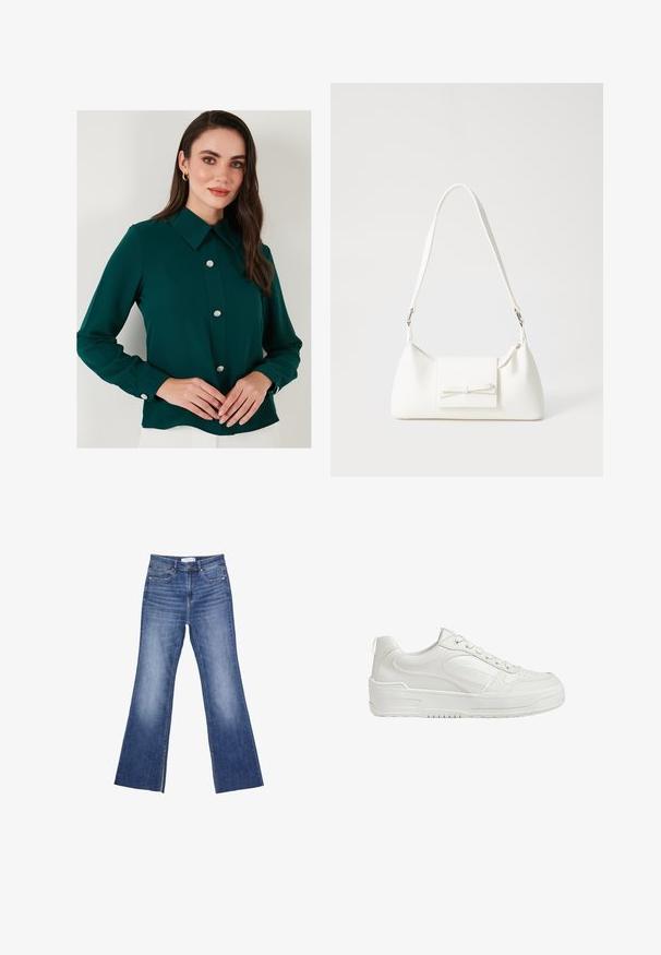 Tummanvihreä paita, jossa on kaulus, pitkät hihat ja koristeelliset jalokivipainikkeet edessä. Silkkinen kangas, jossa on hieman kiiltävä pinta.; Siniset farkut, joissa on korkea vyötärö, etutaskut ja lievä levennys alaosassa valkoista taustaa vasten.; Valkoiset nahkabootsit, joissa on sileä pinta, pehmustettu nilkka ja rei'itetty varvas. Varustettu hieman kohotetulla kumipohjalla ja nauhakiristyksellä.; Valkoinen synteettinen käsilaukku, jossa on kolmikulmainen muoto, tasainen etu läppä ja nauhadetail, säädettävä olkahihna, sileä rakenne ja minimalinen muotoilu.