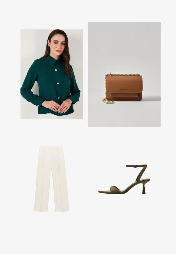 Tmavozelená blúzka s golierom, dlhými rukávmi a dekoratívnymi kamennými gombíkmi na prednej strane. Hladká tkanina s mierne lesklým povrchom.; Široké nohavice vo svetlej krémovej farbe. Vyrobené z hladkej látky s skladmi vpredu a bočnými vreckami.; Bershka WITH ANKLE STRAP - Sandále - mottled green; Hnedá textúrovaná kožená taška cez telo s zlatým reťazovým popruhom a preklopným uzáverom. Predná strana obsahuje detail s logom a vrecko pod preklopkou.
