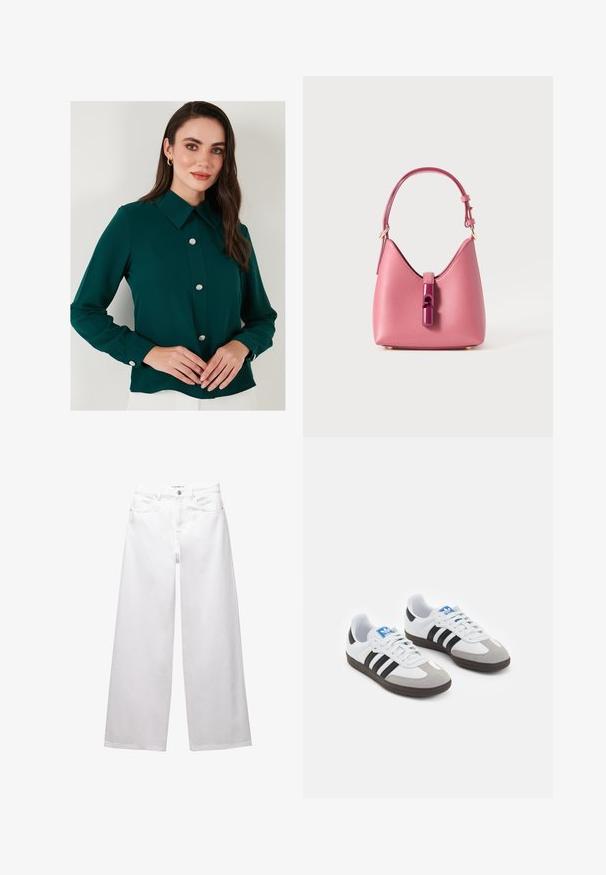 Dark green blouse with a collar, long sleeves, and decorative gemstone buttons down the front. Smooth fabric with a slightly glossy finish.; White wide-leg jeans made from denim. Features button closure, front and back pockets, and stitched seams. Smooth texture with minimal detailing.; Sport shoes with a white leather upper, gray suede toe, and three black stripes. Features a blue logo on the tongue and a textured rubber sole.; Pink leather handbag with a structured shape, featuring a glossy accent closure and a single adjustable strap. Textured finish with gold hardware.