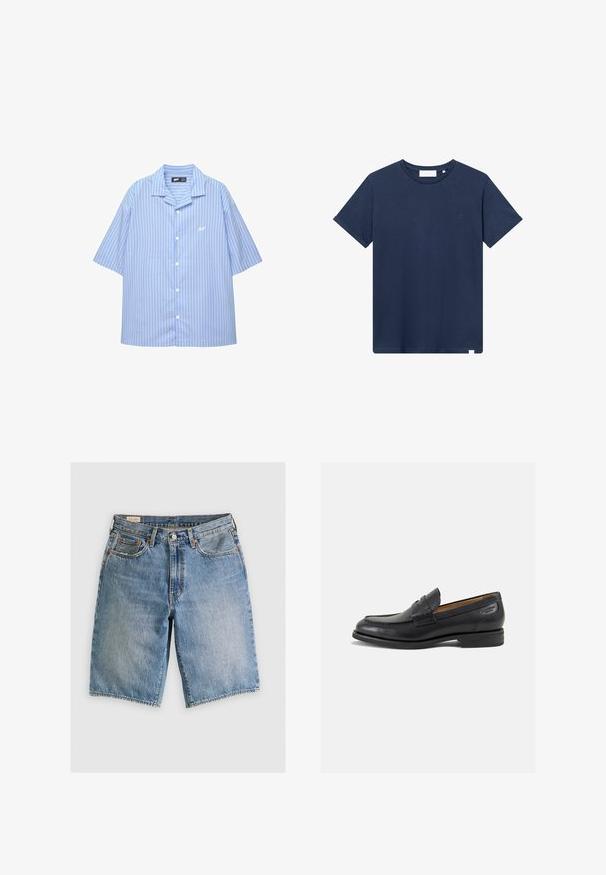Košeľa s krátkym rukávom v svetlomodrej farbe s bielymi vertikálnymi pruhmi. Obsahuje klasický golier a malú nášivku na prsiach. Hladká textúra látky.; Námornícky modré bavlnené tričko s kruhovým výstrihom, krátkymi rukávmi a malým vyšitým logom na ľavej hrudi. Hladká textura.; Denimové šortky v svetlomodrej farbe s klasickým strihom. Obsahujú päť vreciek, oranžové švy a surové okraje.; Čierne kožené mokasíny s hladkým povrchom, zaoblenou špičkou a dekoratívnym prešívaním na prednej časti. Nízky kokteilový opätok a jemný lesk.