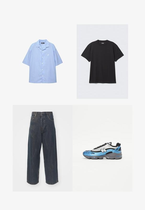 Kortebloemige overhemden in lichtblauw met witte verticale strepen. Heeft een klassieke kraag en een klein logo op de borst. Soepele stoftextuur.; Zwarte korte mouwen T-shirt van katoen. Kenmerkt zich door een ronde halslijn en een ontspannen pasvorm. Eenvoudig ontwerp zonder zichtbare patronen of accenten.; Brede donkerblauwe denim jeans met subtiele verwering, vijf zakken en een klassieke knoop- en ritssluiting in de taille.; Blauw en zilver sportief schoen van mesh en synthetische materialen, met een dikke grijze zool en opvallende zwarte accenten. Model nummer 1000 zichtbaar.