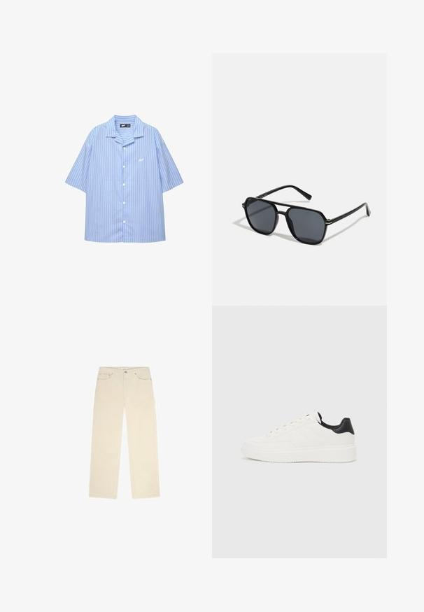 Kortebloemige overhemden in lichtblauw met witte verticale strepen. Heeft een klassieke kraag en een klein logo op de borst. Soepele stoftextuur.; Beige ribfluweel broek met een rechte pasvorm, voorzien van twee voorkruiden en een subtiele ribstructuur. Inclusief metalen hardwareaccenten.; Witte leren sneaker met een reliëfpatroon, textuur van de witte tussenzool en een zwarte hielaccent. Heeft een ronde neus en platte veters.; Zwarte zonnebril met een octagonaal frame, donkere lenzen, glanzende afwerking, dunne tempels en gouden accenten aan de voorkant.