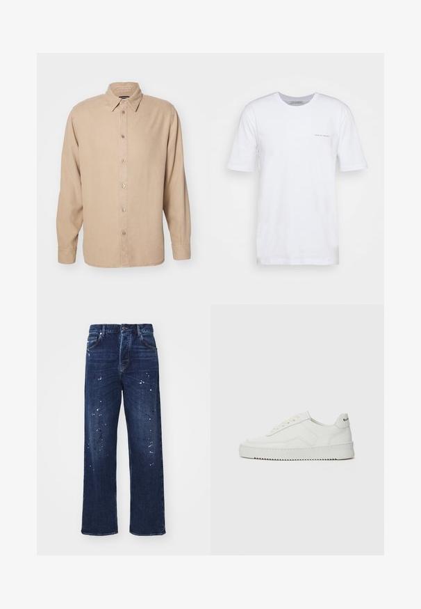 Beige Langarmhemd mit Button-Down-Kragen. Aus weichem Stoff, verfügt über eine Knopfleiste vorne und einfache Nähte.; Weißes T-Shirt mit kurzen Ärmeln aus Baumwolle, mit Rundhalsausschnitt und einem kleinen aufgedruckten Logo auf der linken Seite. Glatte Textur, lässige Passform.; Dunkelblaue Denim-Jeans mit losem Schnitt, geraden Beinen und weißen Farbspritzern auf der Vorderseite. Klassisches Fünf-Taschen-Design.; Weiße Ledersneaker mit glatter Oberfläche, runder Zehenpartie, flachen Schnürsenkeln und strukturiertem Sohlenprofil. Mit einem dezenten Logo an der Ferse.