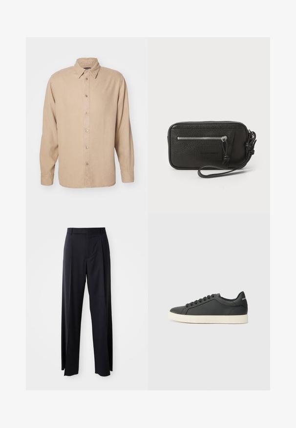 Beige hosszúujjú ing, gombos gallérral. Puha anyagból készült, elöl gombolható pánttal és egyszerű varrási részletekkel rendelkezik.; Fekete, magasan ültetett nadrág, széles szárai vannak, sima anyagból készült. Elülső redők és övhurkok jellemzik. Minimalista dizájn, látható fémalkatrészek nélkül.; Fekete bőr sportcipő alacsony profilú, lekerekített orral és fűzős záródással; texturált gumitalppal és logó részlettel a saroknál.; Fekete bőr kézitáska texturált felülettel, elülső cipzáras zsebbel és levehető csuklópánttal. Elől logóval ellátott folt található. Téglalap alakú.