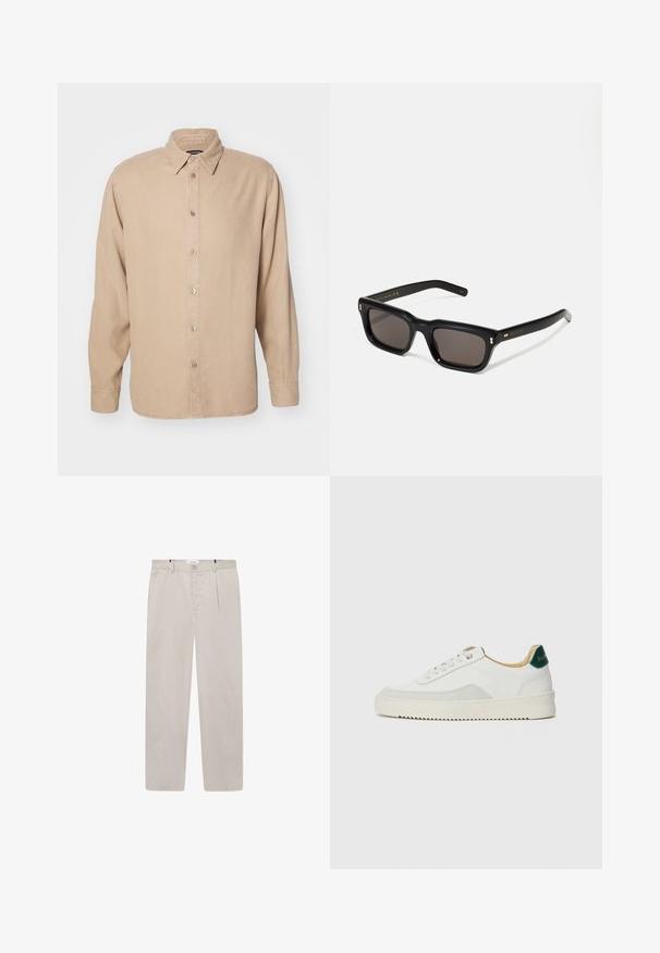 Camicia beige a maniche lunghe con colletto a punta. Realizzata in tessuto morbido, presenta una patta con bottoni sul davanti e semplici dettagli di cucitura.; Pantaloni beige chiaro realizzati in tessuto morbido, con taglio dritto, due tasche laterali e chiusura con bottone anteriore. Texture leggera e morbida.; Sneaker bianco con accenti in camoscio, punta rotonda, lacci piatti e suola in gomma crema. Presenta un marchio verde sul tallone.; Occhiali da sole neri rettangolari con lenti scure, montatura spessa in plastica, dettagli dorati sulle tempie e logo del marchio inciso sull'asta.