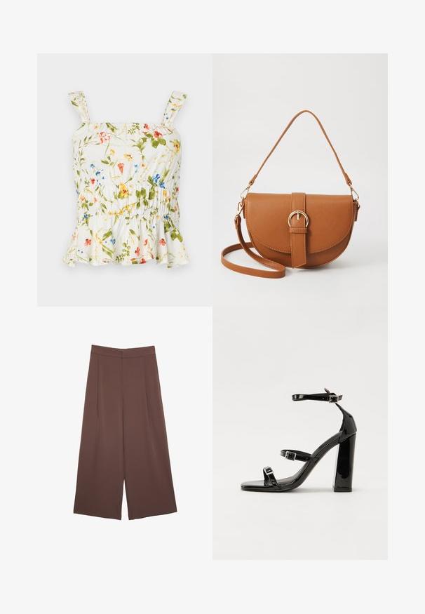 Dámska blúzka s kvetinovým vzorom na bielom pozadí. Má volány na leme, nastaviteľné ramienka a smockovanú strednú časť pre priliehavý dizajn.; Hnedé nohavice so širokými nohavicami a hladkou textúrou, s vysokým pásom a prednými skladmi. Tkanina je ľahká a voľne sa pohybuje.; Čierne lakované sandále na podpätku so štvorcovou špičkou, navlečenými remienkami okolo členku a striebornými prackami. Disponujú masívnym blokovým podpätkom pre stabilitu.; Hnedá kožená kabelka cez telo s zakriveným tvarom, zlatými kovovými doplnkami a akcentom s prackou. Obsahuje odnímateľný ramenný popruh.