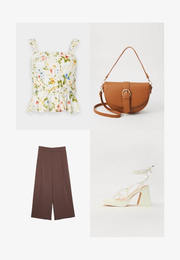 Kukkaprintti yläosa valkoisella taustalla. Sisältää röyhelöhelman, säädettävät olkaimet ja kootun vyötärön tiiviin muotoilun saavuttamiseksi.; Ruskeat leveälahkeiset housut, joissa on sileä pinta, korkea vyötärö ja etupleat. Kangas on kevyttä ja laskeutuu väljänä.; Valkoinen korkokenkä, jossa on paksu korko, ja joka sisältää nauhakiinnityksen ja nilkkaketjun. Sujuva pinta, jossa on platform-etupohja lisäkorkeutta varten.; Ruskean nahkainen olkalaukku, jossa on kaareva muoto, kultaiset yksityiskohdat ja solkiyksityiskohta. Varustettu irrotettavalla olkahihnalla.