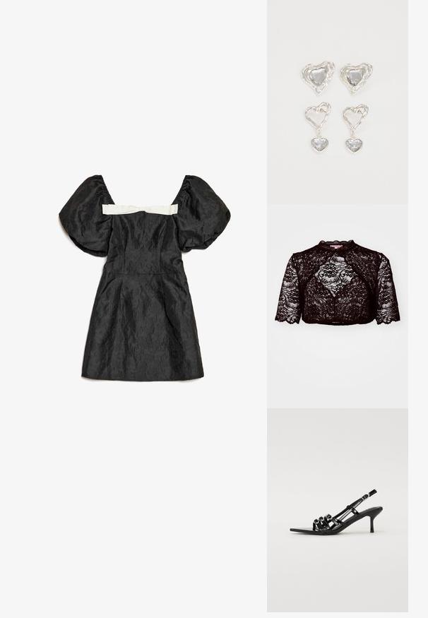 Krüger Dirndl SYDNEY - Bluza - schwarz; Črna obleka z nabranimi rokavi, teksturirano tkanino, oprijetim trupom in belo satensko pentljo na zadnji strani. Kratka dolžina.; Črne slingback visoke petke s ostro konico, ki imajo več ozkih trakov in okrogle detajle spredaj.; Rumeno usnjeno-usnje z vzorcem krokodila, s strukturiranim dizajnom, zgornjo ročajem, snemljivo verižico in dekorativnim kristalnim okrasjem na zaponki.; Srebrni uhani v obliki srca vsebujejo fasetirane prosojne kamne ter teksturiran okvir. Komplet vključuje stenske in viseče sloge.