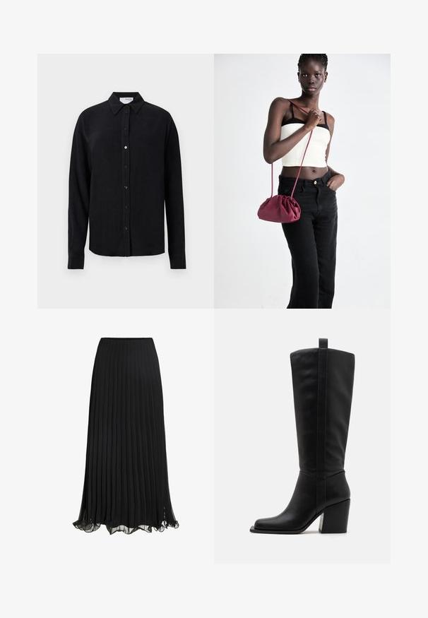 Črna dolga majica z dolgimi rokavi iz blaga, podobnega lanu, s klasičnim ovratnikom, sprednjim zapiranjem na gumbke in ravnim robom. Gladka tekstura.; Črna plisirana maxi krila iz lahkega materiala s tekočim dizajnom. Ima obrobo z naborki in elastični pas za udobje.; Črne usnjene čizme do kolen s kvadratnim nosom, zoženim petam in navpično šivano podrobnostjo ob zunanji strani. Gladka tekstura.; Burgundska mehka torbica z zbranim dizajnom in dolgim trakom, nošena čez telo. Model nosi belo kratko majico in črne kavbojke.
