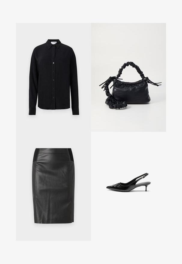 Schwarzes Langarmhemd aus einem leinenähnlichen Stoff mit klassischem Kragen, vorne mit Knopfverschluss und geradem Saum. Glatte Textur.; Schwarzer Leder-Bleistiftrock mit einer taillierten Passform, glatter Textur und elastischen Taillenbund-Akzenten an beiden Seiten. Flacher Saum am unteren Ende.; Schwarze Leder-Slingback-Absätze mit einer spitzen Zehenform, kleinen Kitten-Absätzen und einem dekorativen Knoten-Detail auf der Vorderseite. Glatte Textur über die gesamte Fläche.; Schwarze Handtasche aus Kunstleder mit Krokodilstruktur, gerafftem oberen Teil und einem geschoppten Tragegurt. Sie wirkt weich und kompakt im Design.