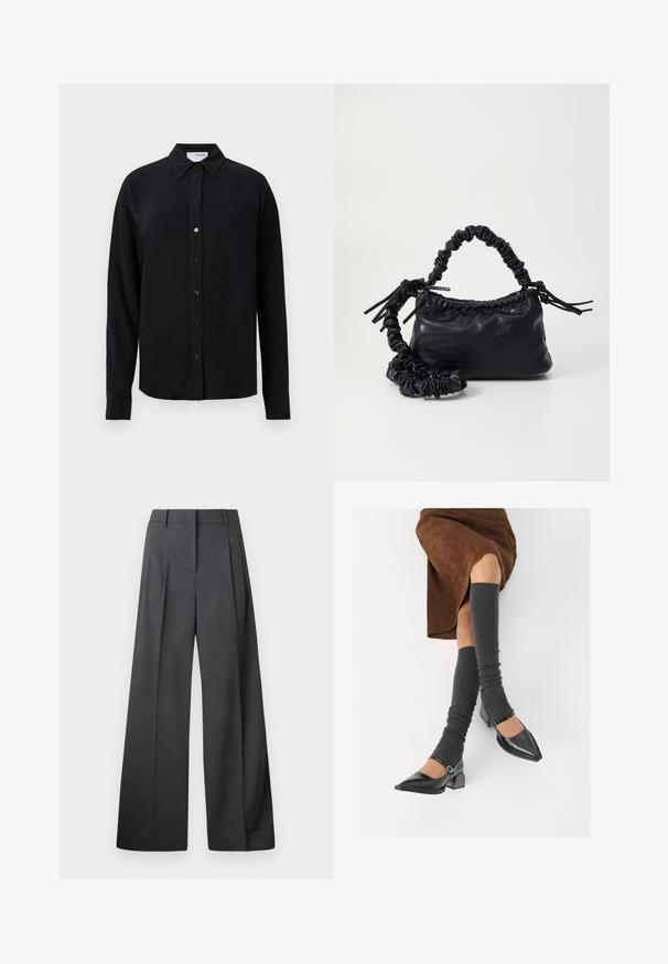 Black long-sleeve shirt in a linen-like fabric with a classic collar, front button closure, and a straight hem. Smooth texture finish.; Wide-leg trousers in dark gray fabric, featuring a high waist, single pleats, and a smooth texture with a clean finish at the hems.; Black patent leather pointed-toe shoes with a block heel and ankle strap, paired with gray ribbed leg warmers and a brown suede skirt.; Black faux leather handbag with a crocodile texture, cinched top, and a scrunched strap. Appears soft and compact in design.
