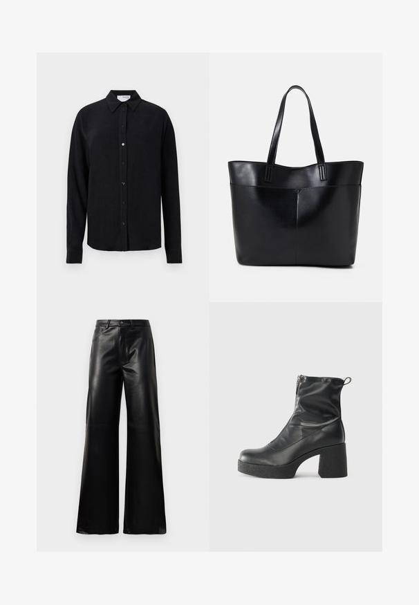 Melnā garām piedurknēm krekls, izgatavots no lina līdzīga auduma, ar klasisku apkakli, priekšējo pogu aizdari un taisnu izgriezumu. Gluda tekstūra.; Melnas augstās jostas platajās kājās sintētiskās ādas bikses ar priekšējo pogu, rāvējslēdzēju, jostas cilpām un sānu kabatām uz baltā fona.; Melni potītes zābaki, kas izgatavoti no gludas ādas, ar sānu rāvējslēdzēju, masīvu strukturētu papēdi un noapaļotu purngalu.; Melnas ādas iepirkumu soma ar divām garām rokturām, gludu tekstūru un strukturētu formu. Iekļauj priekšējo kabatu papildu uzglabāšanai.