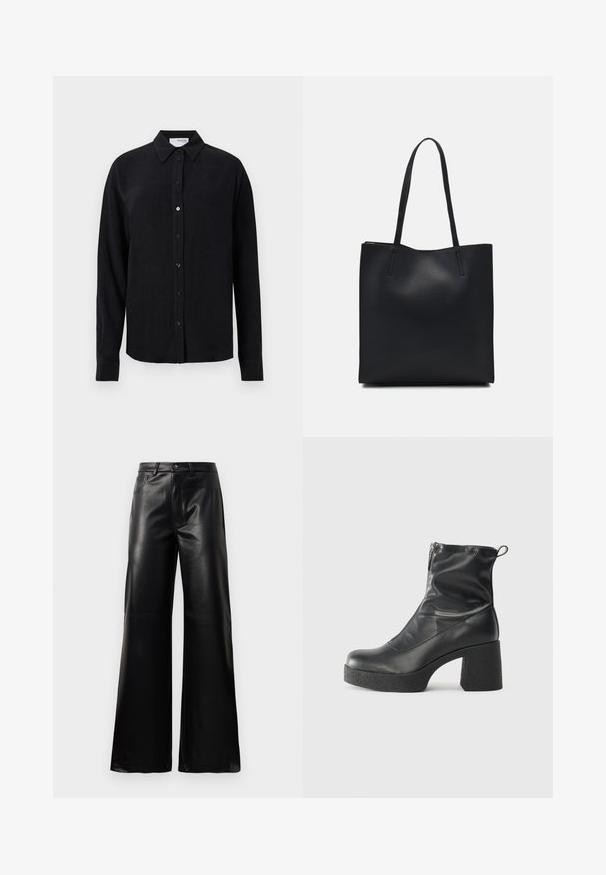 Crna košulja dugih rukava od tkanine nalik na lan, s klasičnom ovratnikom, prednjim kopčanjem na dugmad i ravnim rubom. Glatka tekstura.; Crne visoke široke hlače od umjetne kože s prednjim gumbom, zatvaranjem na zip, petljama za pojas i bočnim džepovima na bijeloj pozadini.; Crne gležnjače od glatke kože, s bočnim zatvaračem, debelim teksturiranim potplatom i dizajnom s zaobljenim prstima.; Crna kožna torba za nošenje s glatkom teksturom, pravokutnim oblikom i dvije duge ručke. Nema vidljivih metalnih dijelova ili ukrasa.