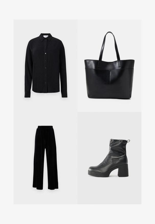 Črna dolga majica z dolgimi rokavi iz blaga, podobnega lanu, s klasičnim ovratnikom, sprednjim zapiranjem na gumbke in ravnim robom. Gladka tekstura.; Črne široke hlače iz mehkega žameta, z elastičnim pasom in gladko teksturo, brez vidnih detajlov ali vzorcev.; Črne gležnjarje iz gladke kože z božnim zadrgo, masivnim teksturiranim peto in zaobljeno obliko prstov.; Črna usnjena torba z dvema dolgima ročajema, gladko teksturo in strukturirano obliko. Ima sprednji žep za dodatno shranjevanje.