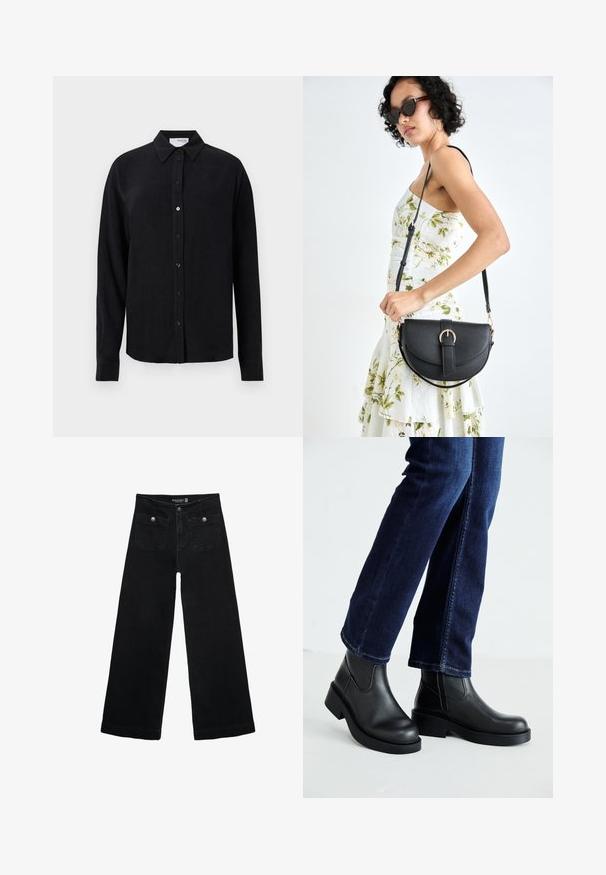Schwarzes Langarmhemd aus einem leinenähnlichen Stoff mit klassischem Kragen, vorne mit Knopfverschluss und geradem Saum. Glatte Textur.; Schwarze, weit geschnittene Jeans mit hoher Taille, die zwei Fronttaschen und metallene Knopfakzente aufweist. Der Stoff hat eine glatte Textur.; Schwarze Lederstiefeletten mit einer dicken Sohle und seitlichen Elastikeinsätzen, kombiniert mit dunkelblauen Jeans. Der Boden ist hellfarbig.; Schwarze Lederhandtasche mit geschwungener Form, abnehmbarem Tragegurt und goldenen Beschlägen. Die Tasche verfügt über einen Deckel mit einer Schnallen-Details.