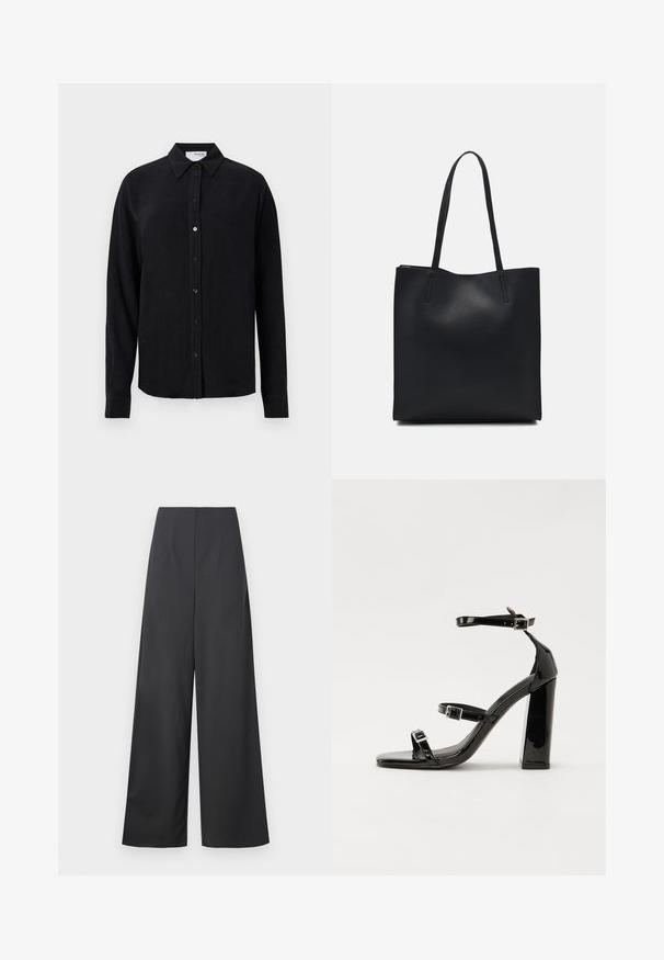 Schwarzes Langarmhemd aus einem leinenähnlichen Stoff mit klassischem Kragen, vorne mit Knopfverschluss und geradem Saum. Glatte Textur.; Hochtaillierte, weit geschnittene Hose aus dunkelgrauem Stoff mit glatter Textur. Verfügt über keine sichtbaren Taschen oder Verzierungen.; Schwarze patentierte Sandalen mit Absatz, quadratischer Spitze, Knöchelriemen und silbernen Schnallen. Mit einem stabilen Blockabsatz für mehr Stabilität.; Schwarze Laptoptasche aus Leder mit glatter Textur, rechteckiger Form und zwei langen Griffen. Keine sichtbaren Beschläge oder Verzierungen.