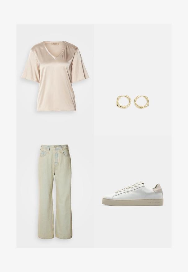 Béžové saténové tričko s výstrihom do V, krátkymi rozšírenými rukávmi a hladkou textúrou. Dizajn je jednoduchý, bez vzorov alebo ozdôb.; Biely bavlnený tielko s širokým výstrihom a tenkými ramienkami. Hladká textúra bez viditeľných vzorov alebo ozdôb.; Svetlomodré široké džínsy vyrobené z denimu, s vysokým pásom, piatimi vreckami a jemným vyblednutím s kontrastným prešívaním.; Biele kožené tenisky s hladkým povrchom, béžové sametové akcenty, okrúly špička, plochý dizajn na šnurovanie a štruktúrovaná gumová podrážka.; Zlaté kruhové náušnice s textúrovaným, nepravidelným tvarom. Majú bezšvové uzatváranie a lesklý povrch, čo podčiarkuje moderný dizajn.