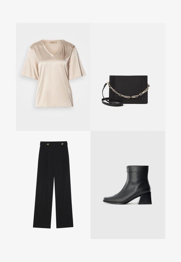 Beige szatén póló, V-nyakkivágással, rövid harangujjakkal és sima textúrával. A dizájn egyszerű, minták vagy díszítések nélkül.; Fekete, bő szárú nadrág magas derékkal, gombos részletekkel a derékrészen és elülső pliszékkal.; Fekete bőr bokacsizma négyzetes orral, oldalsó cipzárral és tömbsarkal, egyszínű világos háttér előtt.; Fekete bőr keresztpántos táska, sima textúrával, téglalap alakú és fém lánc részlettel az elején. Állítható pánttal ellátva.
