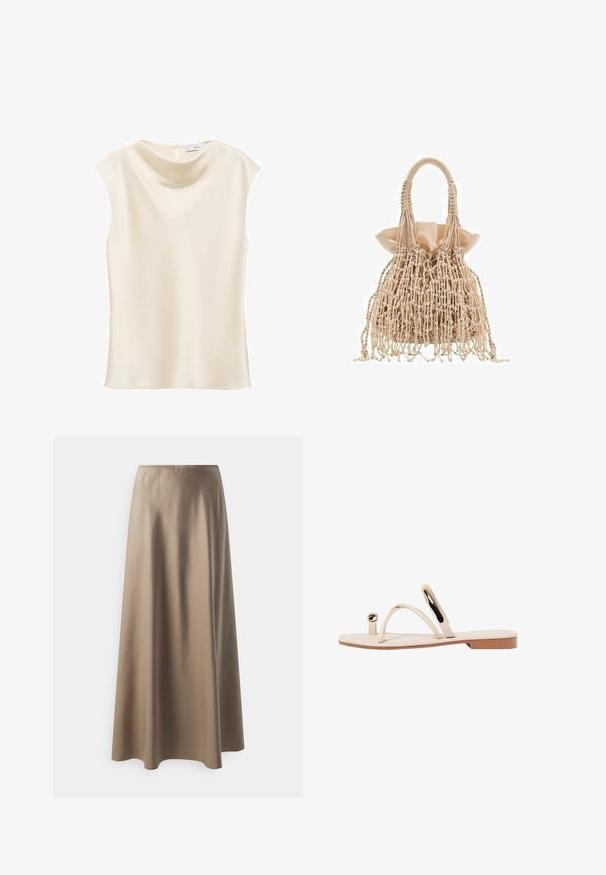 Mango NOELISI - Top - off-white; Midikleid aus glattem, beigem Stoff mit einem elastischen Bund und einer fließenden, lockeren Silhouette. Keine sichtbaren Muster oder Akzente.; Beige flache Sandalen mit dünnen Riemen, kreisförmigen Details und einer glatten Sohle. Das Design zeigt eine minimalistische Form und eine glänzende Textur.; Gewebte beige Handtasche mit einem strukturierten Design, ausgestattet mit einem gerafften Satin-Innenfutter und fransenähnlichen Details, abgerundet mit zwei geflochtenen Griffen.