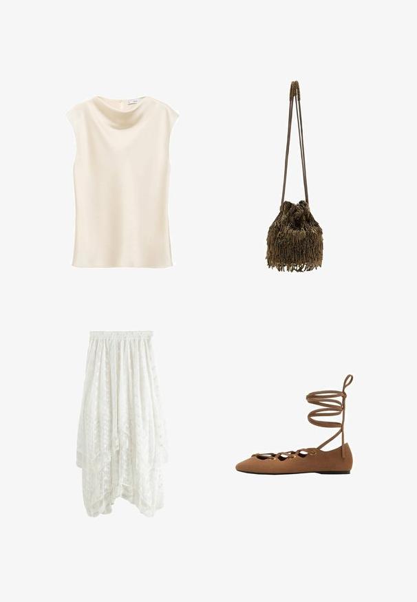 Mango NOELISI - Top - off-white; Gonna bianca in pizzo con design a strati, vita elasticizzata, motivi floreali e orlo scallop. Materiale leggero e semi-trasparente.; Ballet flat in suede marrone con punta appuntita, design con intagli e cinturini incrociati. Presenta occhielli in tonalità oro e suola piatta.; Borsa in bronzo con parte superiore arricciata, adornata da frange lunghe e sottili. Due cinturini sottili per il trasporto. Superficie testurizzata con un luccichio metallico.