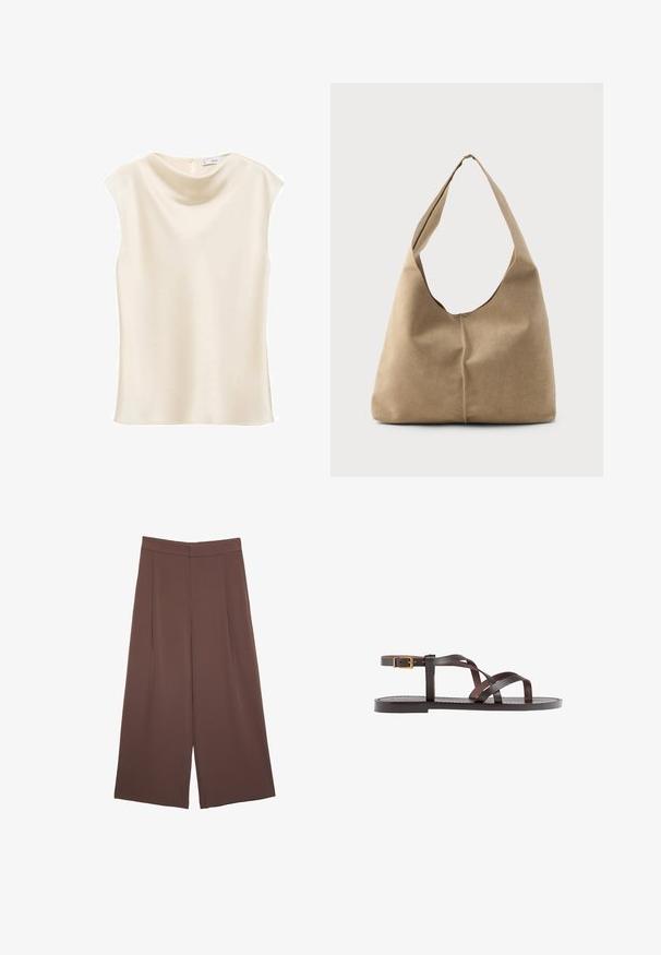 Mango NOELISI - Top - off-white; Pantaloni ampi marroni con una texture liscia, caratterizzati da una vita alta e pieghe frontali. Il tessuto è leggero e scorre liberamente.; Sandal in pelle marrone con cinturini incrociati, chiusura con cinturino alla caviglia e suola piatta con dettagli di cucitura minimi.; Borsa hobo in morbido suede beige con una forma scomposta, ampia tracolla e un dettaglio di cucitura a mano lungo la parte anteriore.