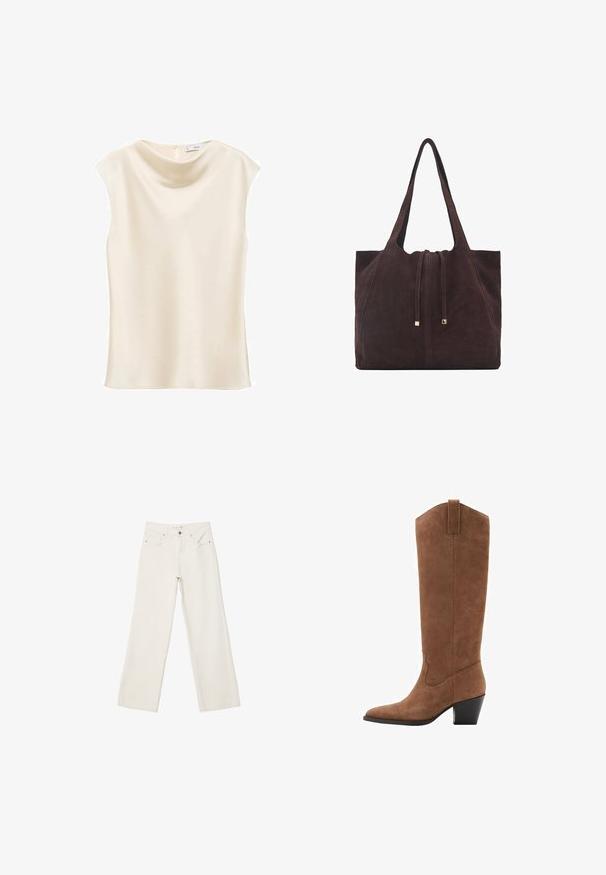 Mango NOELISI - Top - off-white; Bijele široke traperice s visokim strukom, prednjim džepovima i dugmetom za zatvaranje. Čist dizajn s minimalnim naglascima.; Smeđe zrelo čizme do koljena s šiljastim vrhom, nagnutim petom i ukrasnim šavovima na cijevi. Glatka tekstura i suženi dizajn.; Mango Velika torba - dark brown