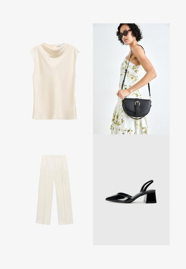 Mango NOELISI - Top - off-white; Wijdgevallen broeken in een lichtcrème kleur. Gemaakt van een zachte stof met plooien aan de voorkant en zijzakken.; Zwarte gepatineerde leren slingback hakken met een spitse neus en een geometrische blokhak. Kenmerkt zich door een slank, minimalistisch ontwerp en een gladde textuur.; Zwarte leren handtas met een gebogen vorm, afneembare schouderband en gouden hardware. De tas heeft een klep met een gespsluiting.