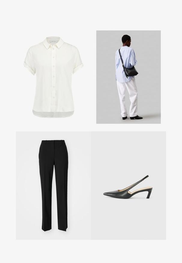 Biela blúzka s krátkym rukávom vyrobená z ľahkého materiálu, s gombíkovým zapínaním vpredu, golierom a zakončením rukávov s mierne zakriveným spodným okrajom.; Čierne krajčírské nohavice so strihom rovného nohu, s hladkou textúrou a ostrými skladmi pozdĺž prednej časti. Žiadne viditeľné hardvér.; Čierne slingback topánky s ostrou špičkou a nízkym opätkom, vyrobené z hladkej kože a s výrezmi na boku pre lepšiu priedušnosť.; Čierna kožená ramenná taška so mäkkou textúrou, trojuholníkovým tvarom a nastaviteľným popruhom, skombinovaná s svetlomodrou pruhovanou košeľou a bielymi nohavicami.