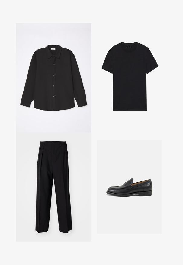 sandro JOKER - Košeľa - noir; Čierne bavlnené tričko s krátkymi rukávmi a okrúhlym výstrihom. Materiál má hladkú textúru a jednoduchý, jednofarebný dizajn.; Čierne skladané nohavice s rovnom, širokým strihom. Vyrobené z hladkého materiálu, s gombíkovým zapínaním a pútkami na opasok.; Čierne kožené mokasíny s hladkým povrchom, zaoblenou špičkou a dekoratívnym prešívaním na prednej časti. Nízky kokteilový opätok a jemný lesk.