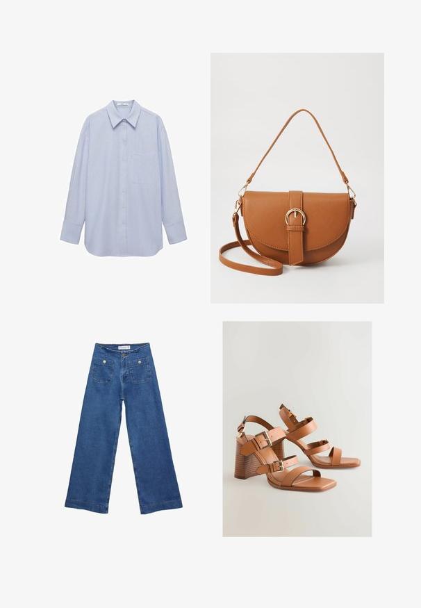 Raitapaita kevyessä sinisessä ja valkoisessa, jossa on rento istuvuus, pitkät hihat, kaulus ja vasemmalla puolella etutasku.; Denim leveled-leg farkut keskisinisellä pesulla, kahdella etupussilla, joissa on nappisuljenta, ja ommelluilla yksityiskohdilla helmoissa.; Ruske kožne sandale na visoku petu s višestrukim trakama, zlatnim detaljima i kutnim blok petom. Glatka tekstura, otvoreni vrh.; Ruskean nahkainen olkalaukku, jossa on kaareva muoto, kultaiset yksityiskohdat ja solkiyksityiskohta. Varustettu irrotettavalla olkahihnalla.