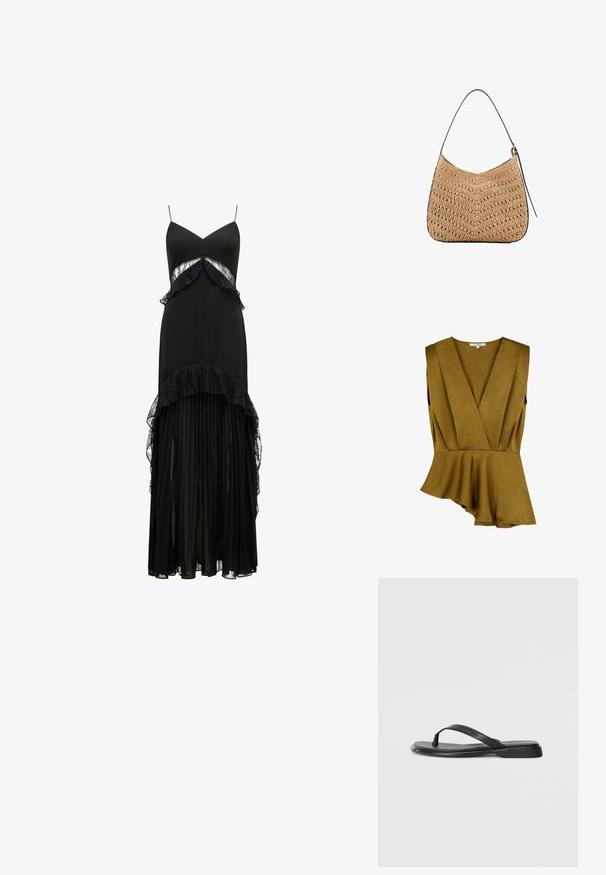 Mustard yellow peplum top made from textured fabric, featuring a deep V-neck and sleeveless design with an asymmetrical hem.; Black maxi dress with spaghetti straps, lace accents, layered ruffles at the waist, and a pleated skirt. Smooth texture, elegant silhouette.; Black flip-flop made of smooth leather, featuring a thin strap design and a flat sole with a minimal profile. No notable patterns or accents.; Woven straw shoulder bag with a curved shape, featuring a dark leather strap and a textured surface with a chevron pattern.