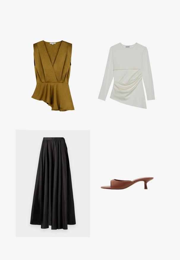 Top peplum de culoare muștar dintr-un material texturat, având un gât în formă de V adânc și un design fără mâneci, cu un tiv asimetric.; Tricou crem cu mânecă lungă, cu decolteu rotund, având un design stratificat și detalii pliate în partea inferioară. Material moale cu o textură netedă.; Fustă maxi neagră, confecționată dintr-un material neted, cu un brâu plisat, siluetă completă în formă de A și un design minimalist, fără accesorii vizibile.; Mule-uri cu toc deschis, de culoare maro, cu un finisaj neted și mat, având un design curbat și un toc transparent, conic.