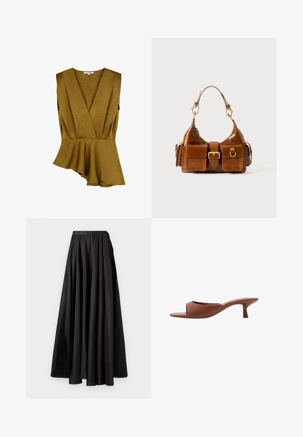 Musztardowa żółta bluzka peplum wykonana z teksturowanej tkaniny, z głębokim dekoltem w kształcie V oraz bezrękawowym kroju, z asymetrycznym dołem.; Kremowa bluzka z długim rękawem i okrągłym dekoltem, z warstwowym krojem i marszczonym detalem w dolnej części. Miękki materiał o gładkiej fakturze.; Czarna długa spódnica z gładkiego materiału, z elastycznym paskiem, pełnym sylwetką w kształcie litery A oraz minimalistycznym wzornictwem bez widocznych elementów metalowych.; Brązowe klapki na obcasie z odsłoniętymi palcami, o gładkim, matowym wykończeniu, z zakrzywionym kształtem i przezroczystym, zwężającym się obcasem.; Brązowa skórzana torba o zaokrąglonym kształcie, z podwójnymi elementami z złoconego metalu, dwoma przednimi kieszeniami oraz szerokim paskiem. Gładka faktura o eleganckim wykończeniu.