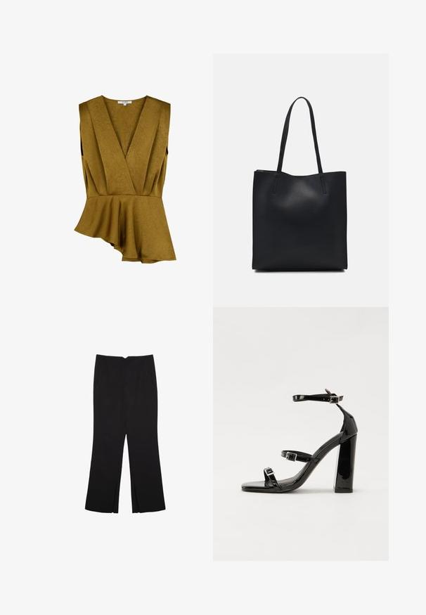 Hořčicově žlutý peplum top vyrobený z texturované látky, s hlubokým výstřihem do V a bezrukávovým designem s asymetrickým lemem.; Černé kalhoty s rovným střihem, s předními kapsami a bočními rozparky na lemu. Vyrobené z jemné, hladké tkaniny. Vhodné na různé příležitosti.; Černé lakované sandály na podpatku se čtveratou špičkou, lýtkovými pásky a stříbrnými přezkami. Disponují masivním blokovým podpatkem pro stabilitu.; Černá kožená taška přes rameno s hladkým povrchem, obdélníkovým tvarem a dvěma dlouhými uchy. Žádné viditelné kování ani ozdoby.