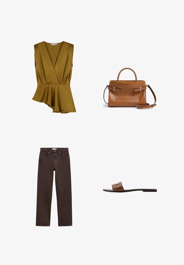 Mustard yellow peplum top made from textured fabric, featuring a deep V-neck and sleeveless design with an asymmetrical hem.; Brown wide-leg jeans made from denim, featuring a classic five-pocket design, button closure, and subtle stitching details.; Brown leather slide sandal with a flat sole, featuring a wide strap and white geometric accents for minimalistic design.; Brown leather handbag with a structured design, top handle, detachable shoulder strap, silver-tone hardware, and smooth texture.