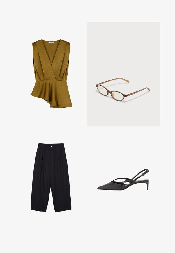 Senapsgul peplumtop i texturerad tyg, med djup V-ringning och ärmlös design samt en asymmetrisk nederkant.; Svarta polyester culottbyxor med elastisk midja, två framfickor och en lös silhuett. Inga synliga mönster eller hårdvarudetaljer.; Svart läderslingback med spetsig tå, slanka ankelremmar och låg stilettklack. Slät textur med minimalistisk design.; Bruna sköldpaddsformade glasögon med ovala linser, tunna skalmar och transparanta detaljer. Innehåller en diskret logotyp på bågen. Snygg, lätt design.